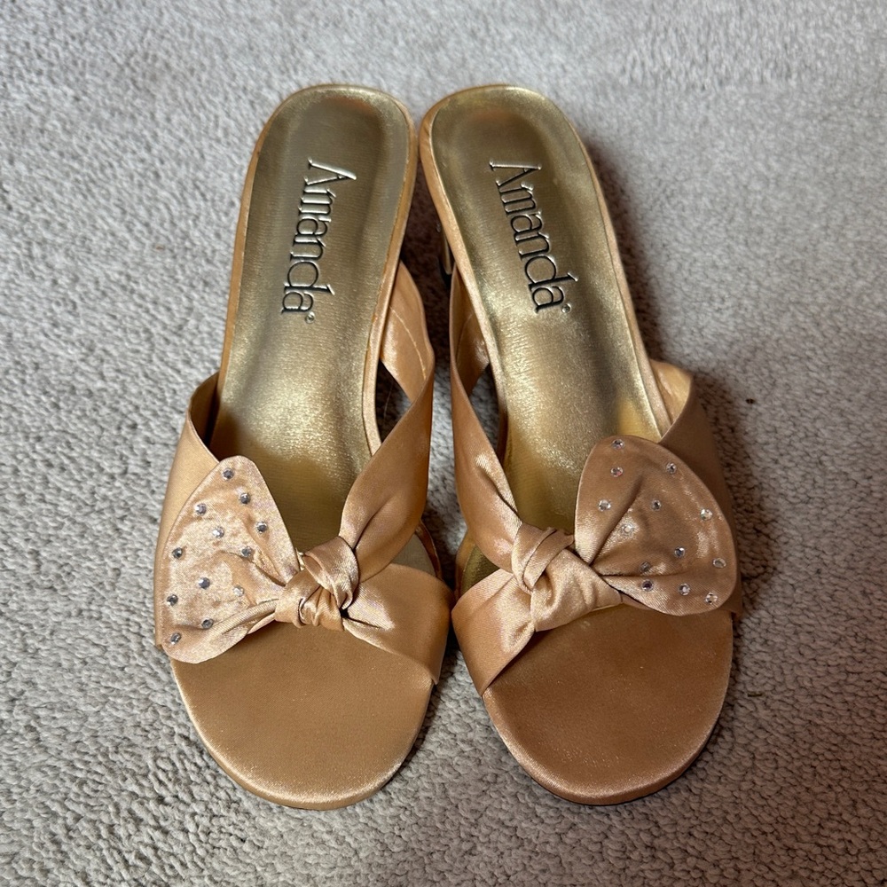 Women's Satin Bow Slide Sandals in Champagne